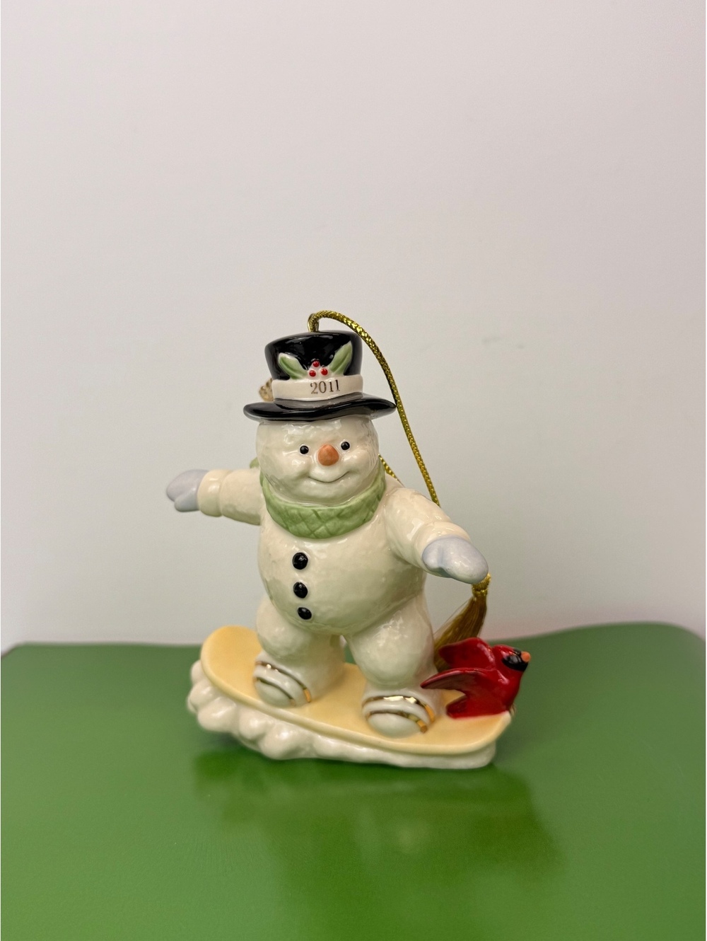 Lenox 2011 Annual Snowman Snowboarding Porcelain Christmas Ornament Cardinal